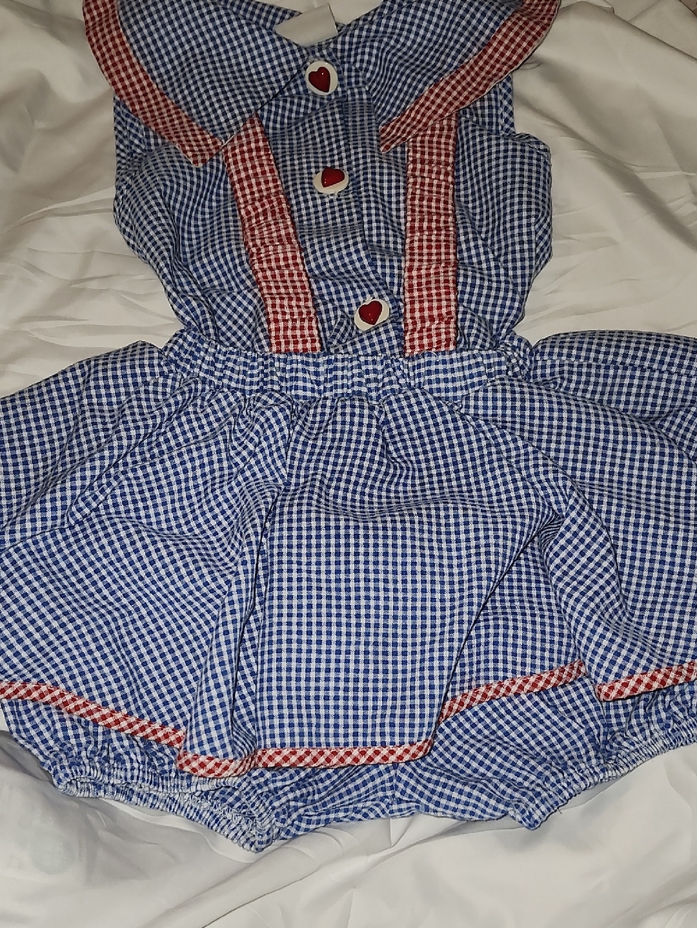 Blue Gingham Toddler Dress with Red Trim and Heart Buttons